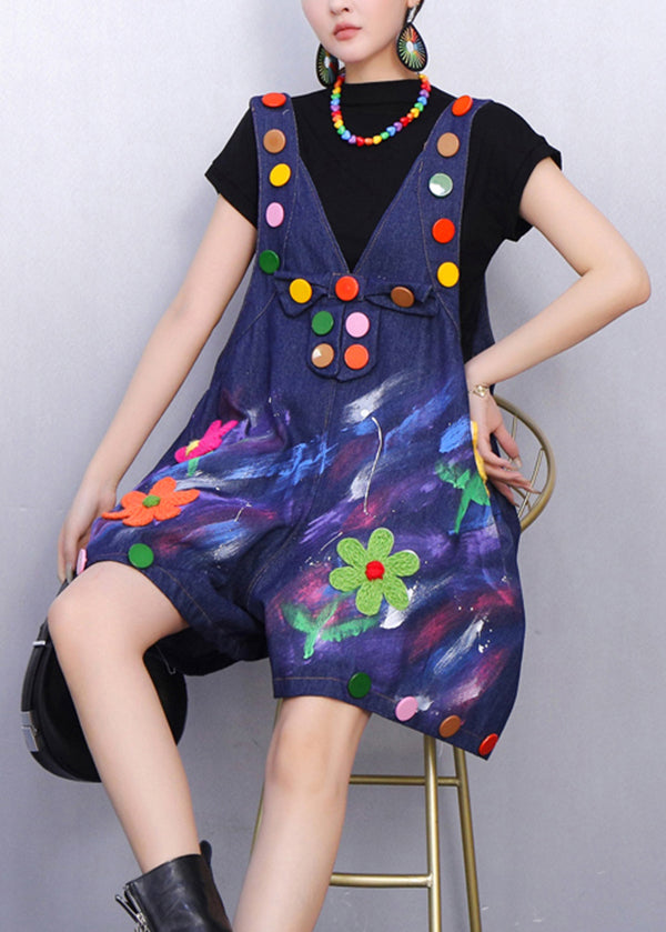 Urban Garden Charm Floral Embroidered Denim Jumpsuits Bold Accents