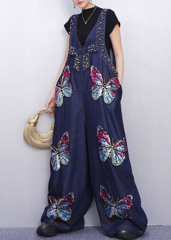 Urban Style Blue Denim Jumpsuit Sparkling Butterfly Patches