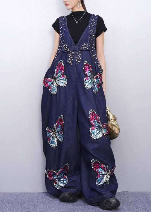 Urban Style Blue Denim Jumpsuit Sparkling Butterfly Patches
