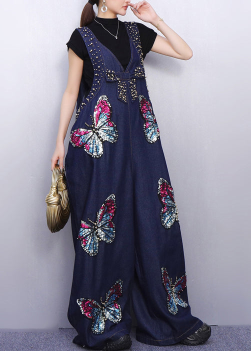 Urban Style Blue Denim Jumpsuit Sparkling Butterfly Patches