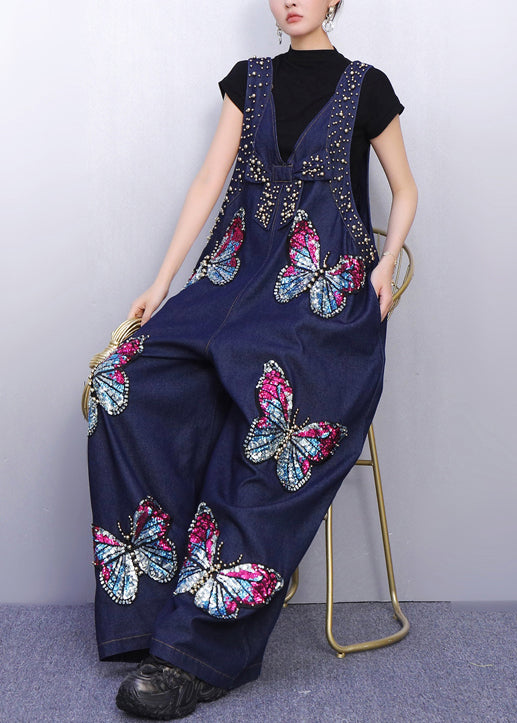Urban Style Blue Denim Jumpsuit Sparkling Butterfly Patches