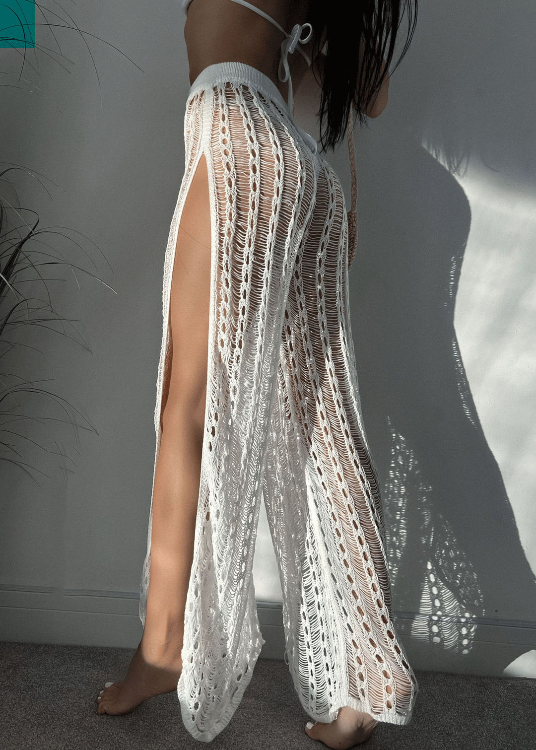 Vacation Sexy White Hollow Out Side Open Knit Beach Skirt