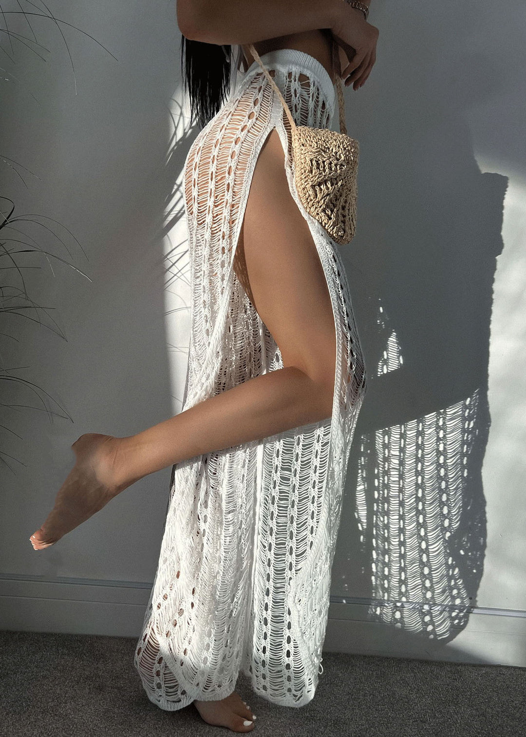 Vacation Sexy White Hollow Out Side Open Knit Beach Skirt