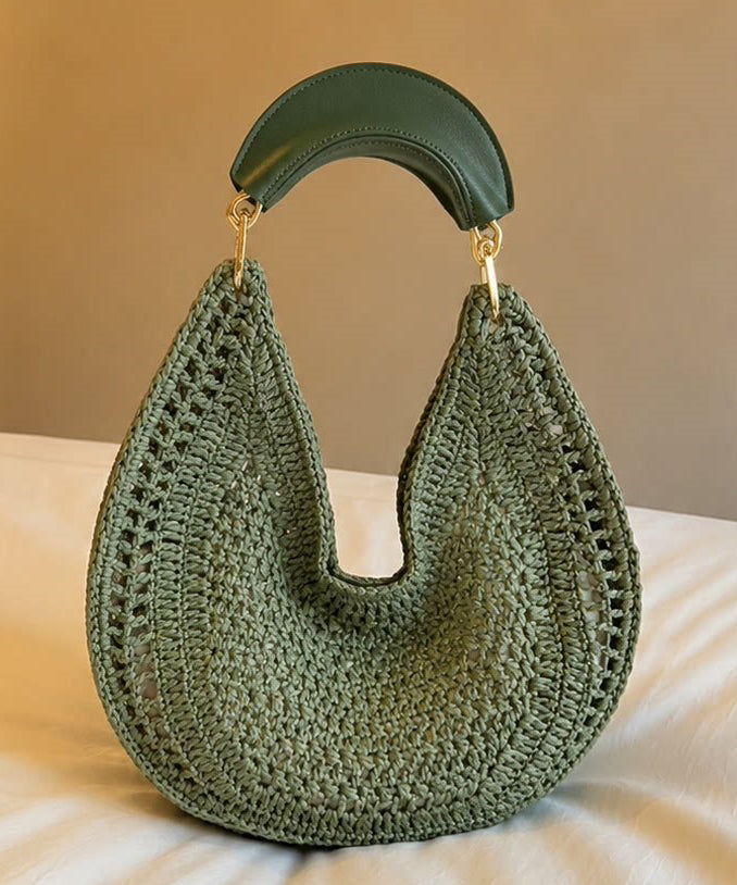 Vacation Style Green Large Capacity Beach Hand Woven Tote Bag