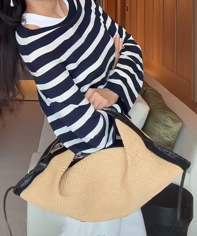 Vacation Style Khaki Large Capacity Straw Woven Tote Bag