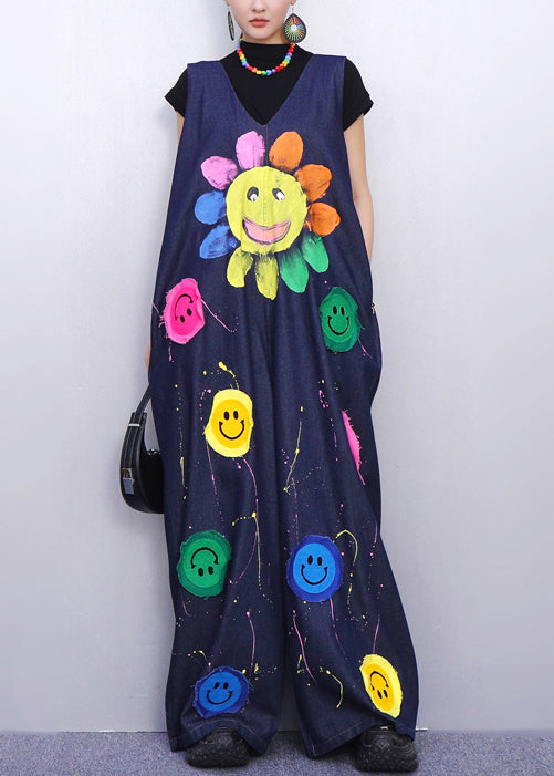 Vibrant Smiley Festooned Blue Denim Jumpsuit Fashion Look