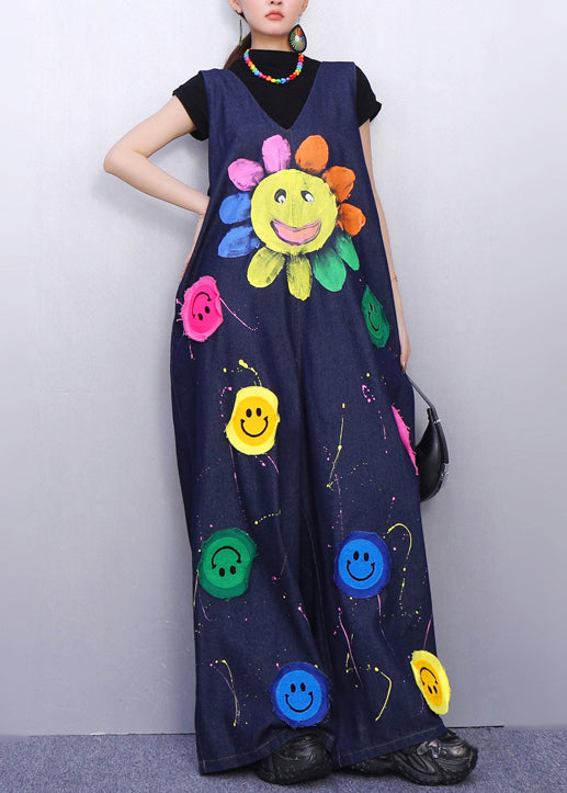 Vibrant Smiley Festooned Blue Denim Jumpsuit Fashion Look