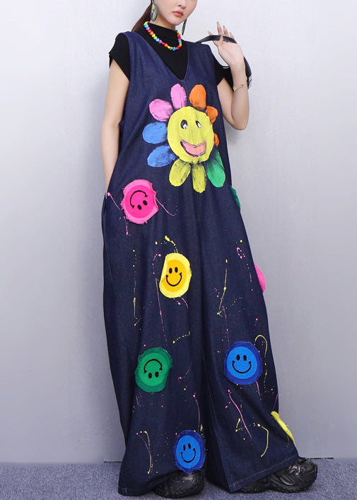 Vibrant Smiley Festooned Blue Denim Jumpsuit Fashion Look