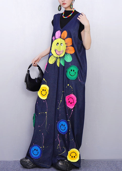 Vibrant Smiley Festooned Blue Denim Jumpsuit Fashion Look