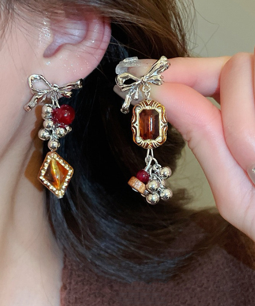 Vintage Acrylic Alloy Asymmetrical Amber Bow Tassel Drop Earrings