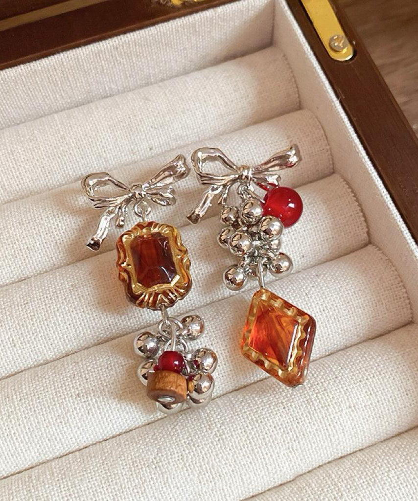 Vintage Acrylic Alloy Asymmetrical Amber Bow Tassel Drop Earrings