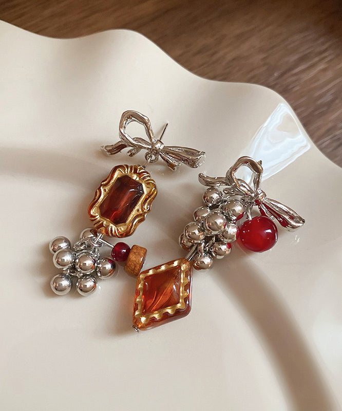 Vintage Acrylic Alloy Asymmetrical Amber Bow Tassel Drop Earrings