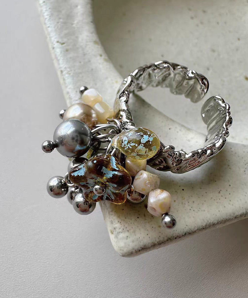 Vintage Alloy Floral Pearl Tassel Open Rings