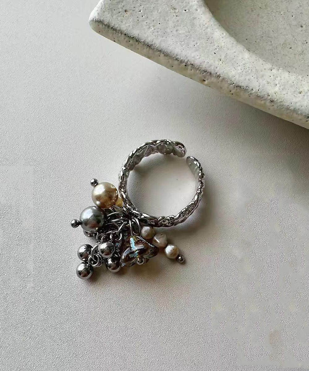 Vintage Alloy Floral Pearl Tassel Open Rings