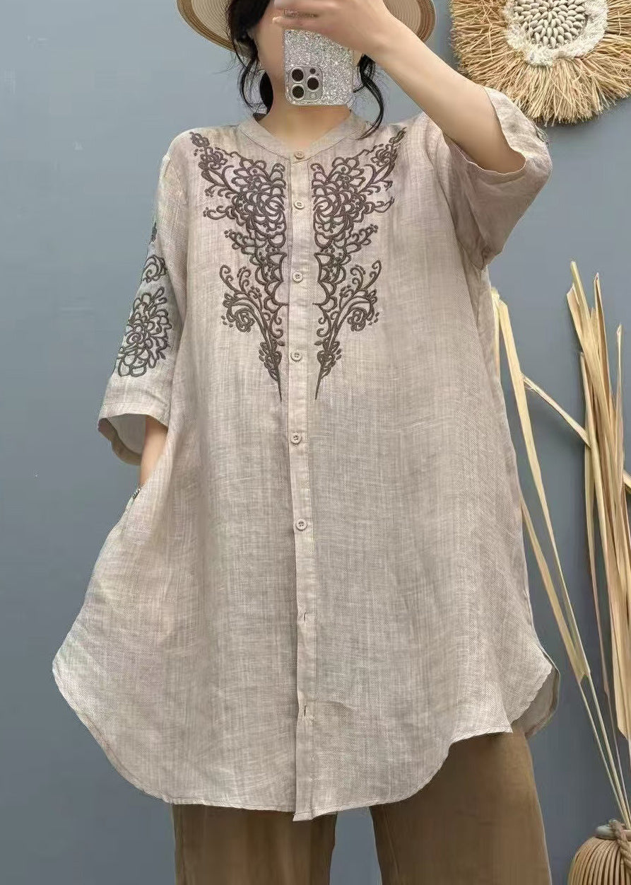 Vintage Apricot Embroidered Linen Long Shirt Summer