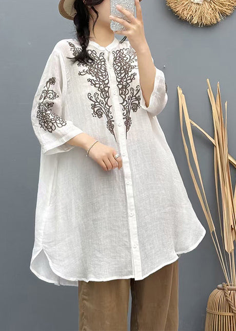 Vintage Apricot Embroidered Linen Long Shirt Summer