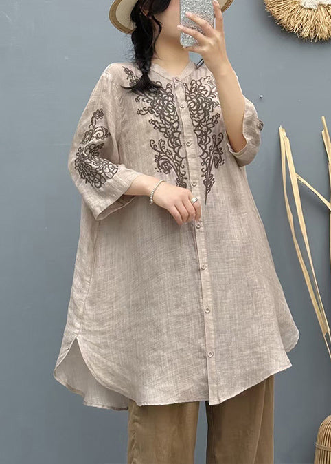 Vintage Apricot Embroidered Linen Long Shirt Summer