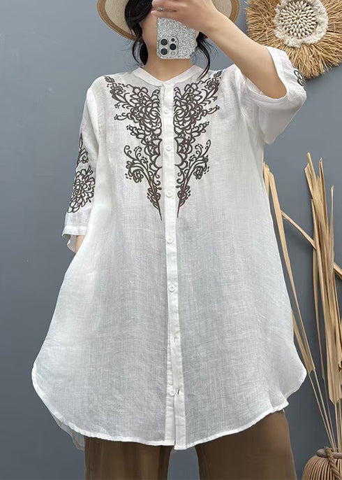 Vintage Apricot Embroidered Linen Long Shirt Summer