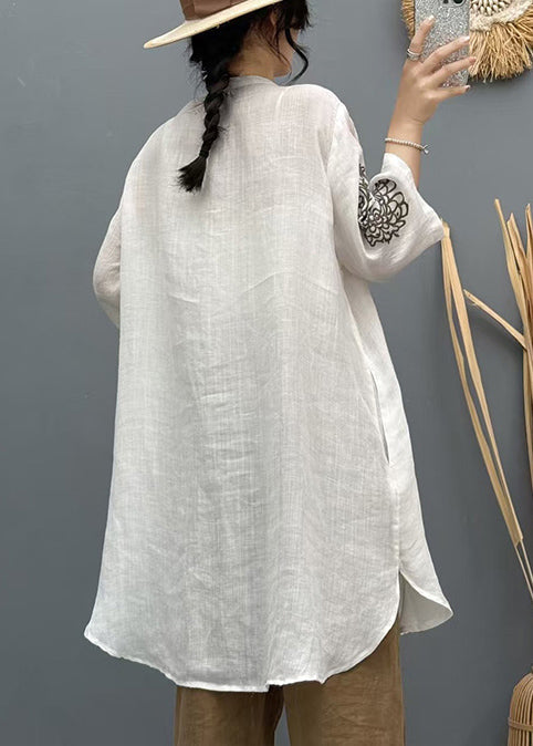 Vintage Apricot Embroidered Linen Long Shirt Summer