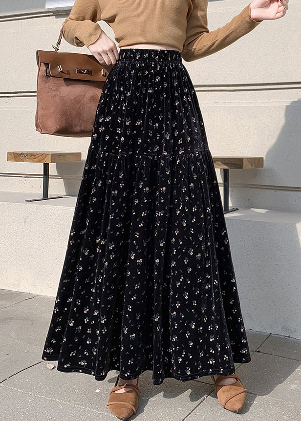 Vintage Apricot Print Wrinkled High Waist Velvet Skirts