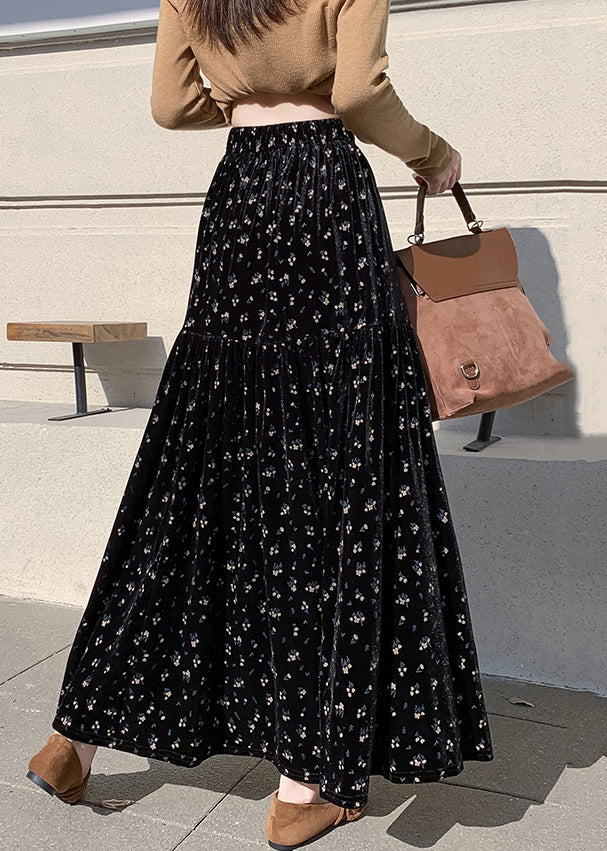 Vintage Apricot Print Wrinkled High Waist Velvet Skirts