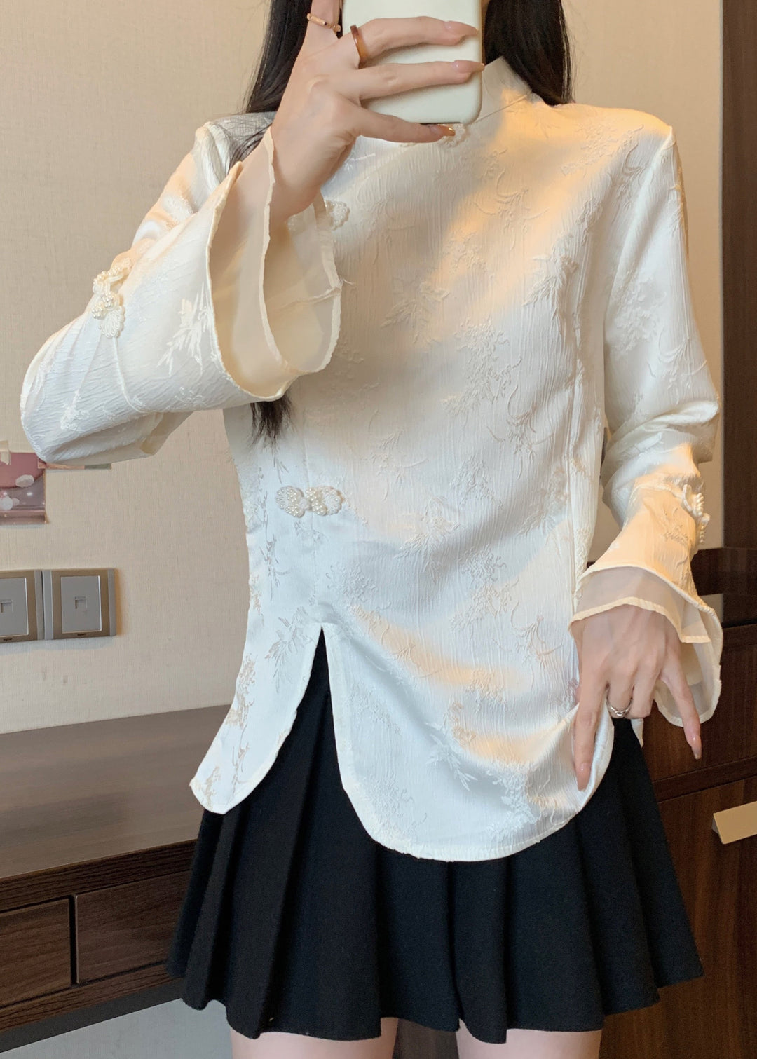 Vintage Apricot Stand Collar Jacquard Oriental Button Cotton Top Fall