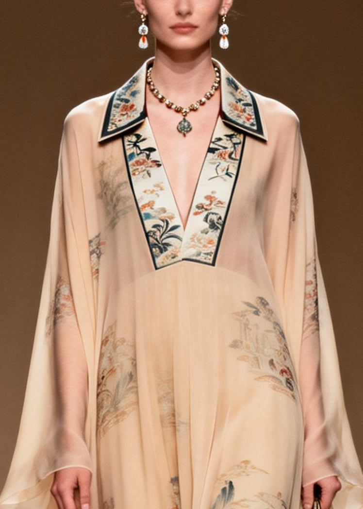 Vintage Apricot V Neck Print Chiffon Maxi Dress Summer