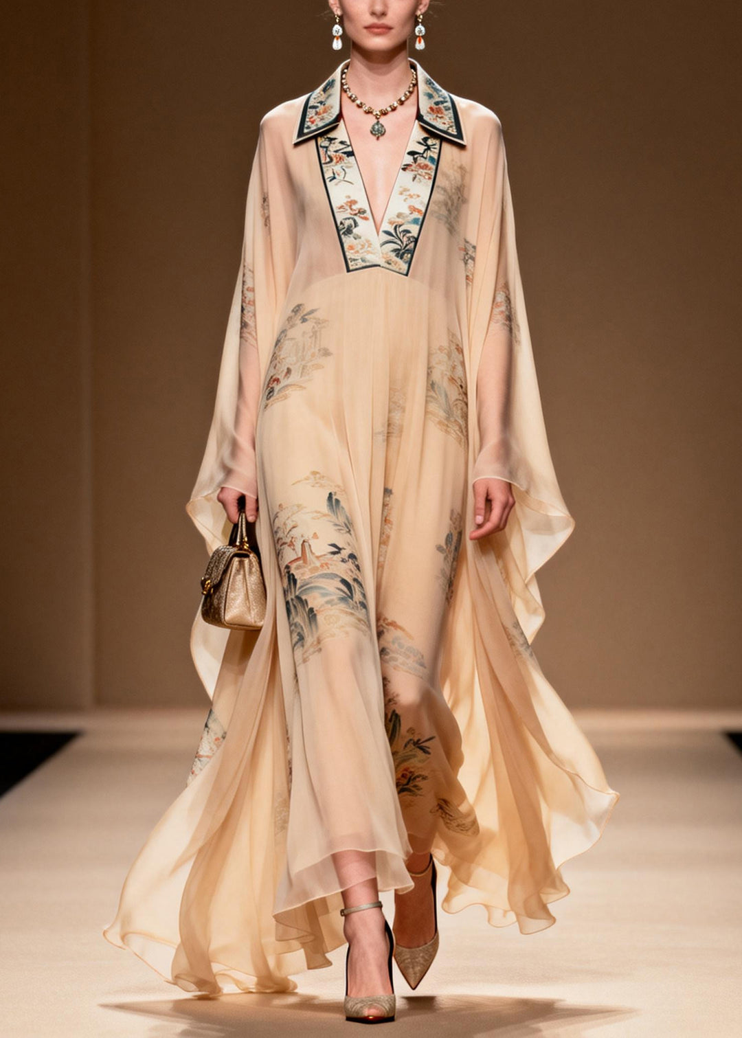 Vintage Apricot V Neck Print Chiffon Maxi Dress Summer