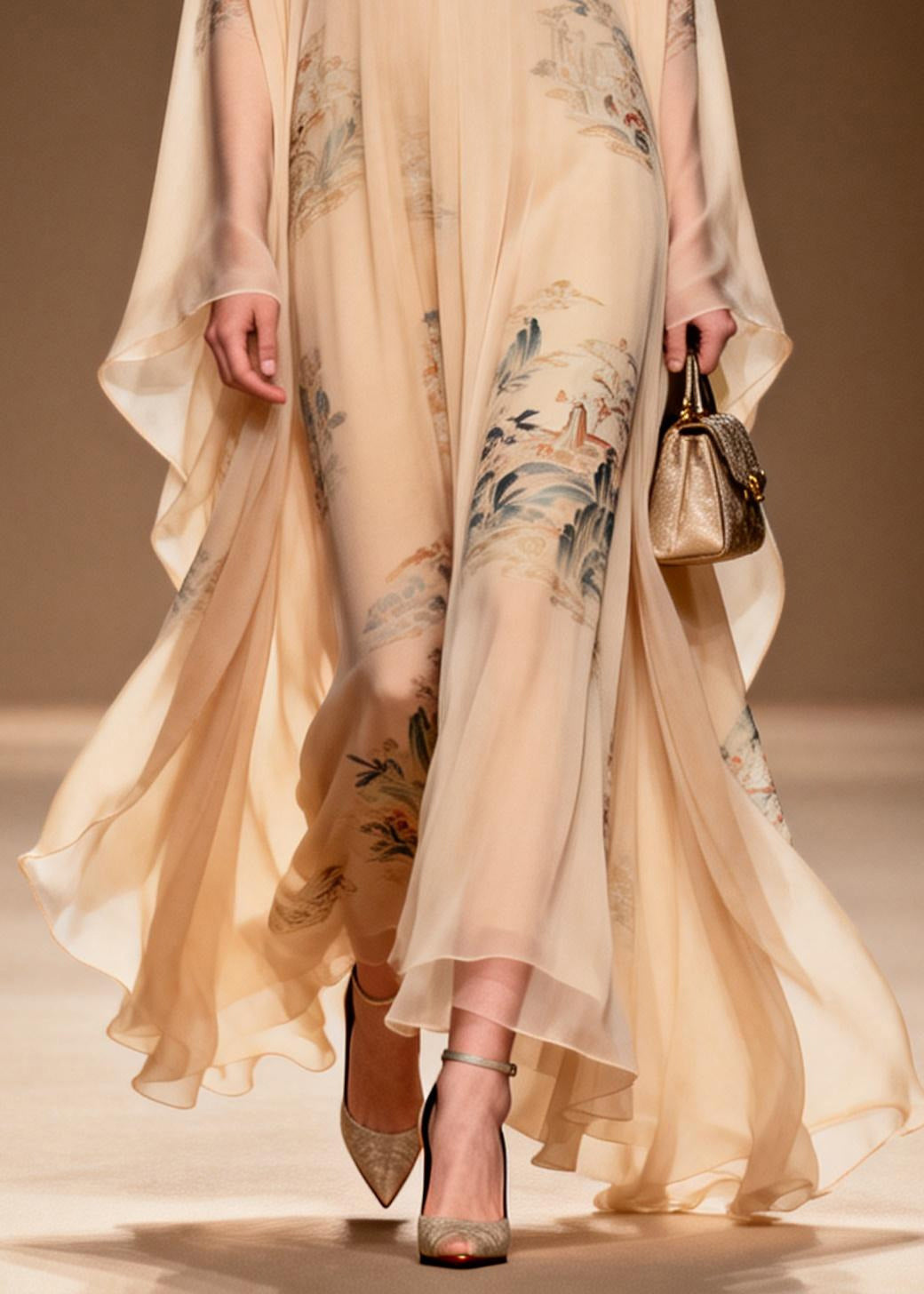 Vintage Apricot V Neck Print Chiffon Maxi Dress Summer