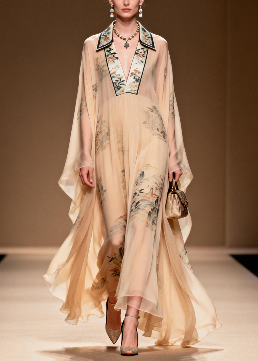 Vintage Apricot V Neck Print Chiffon Maxi Dress Summer