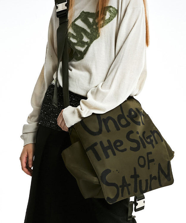 Vintage Army Green Letter Print Large Capacity Cotton Messenger Bag