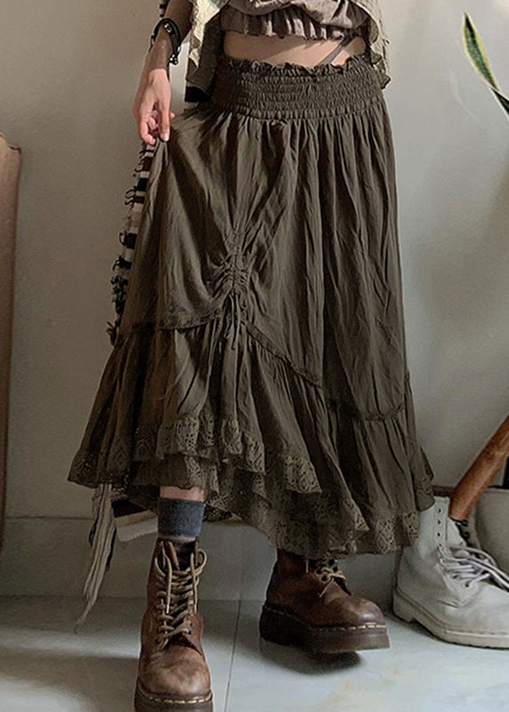 Vintage Army Green Ruffled Cinched Elastic Waist Cotton Skirts Fall