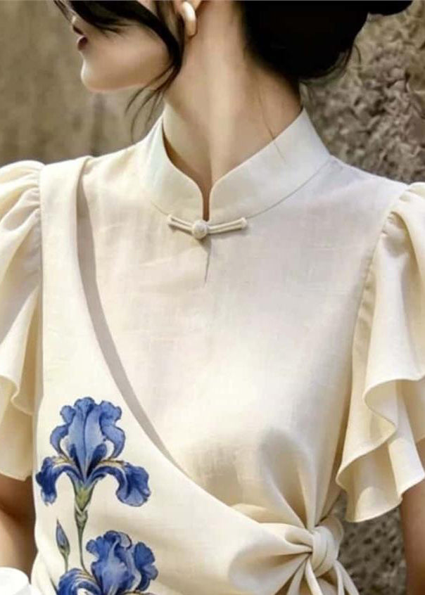 Vintage Beige Asymmetrical Print Cotton Tank Butterfly Sleeve