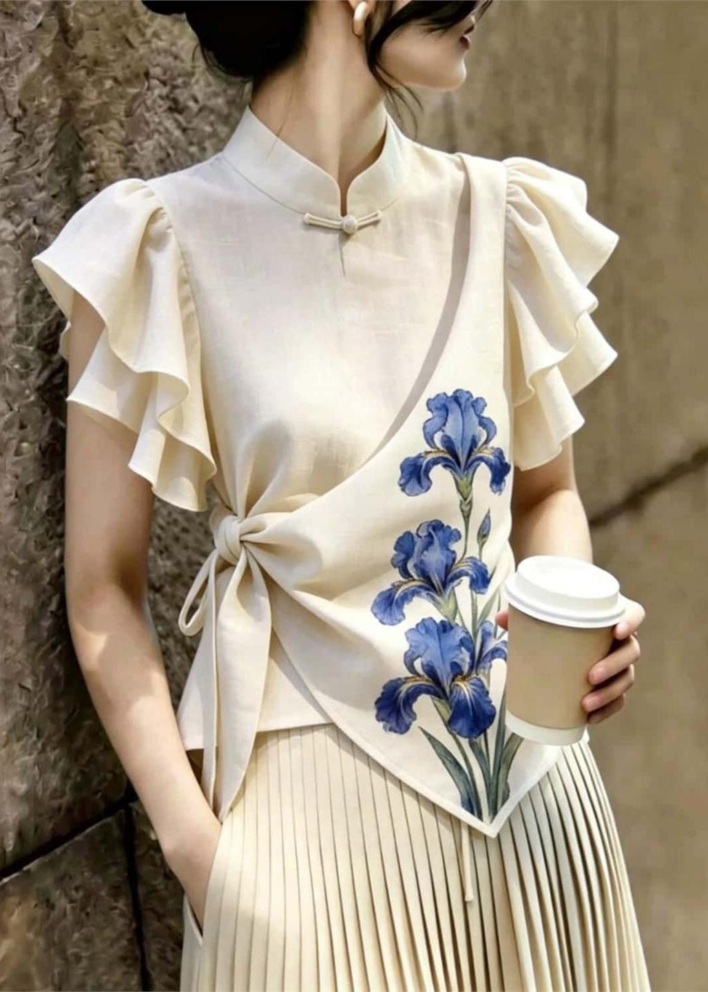 Vintage Beige Asymmetrical Print Cotton Tank Butterfly Sleeve