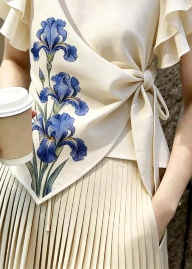 Vintage Beige Asymmetrical Print Cotton Tank Butterfly Sleeve