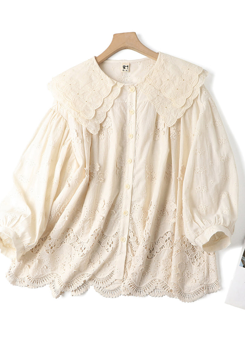 Vintage Beige Double-layer Embroidered Cotton Blouses Spring