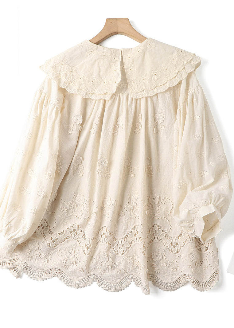 Vintage Beige Double-layer Embroidered Cotton Blouses Spring