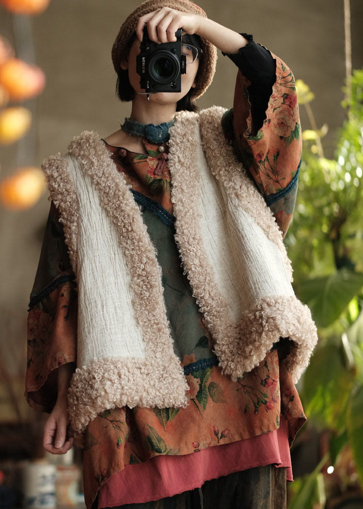 Vintage Beige Faux Fur Patchwork Fine Cotton Filled Vest Sleeveless