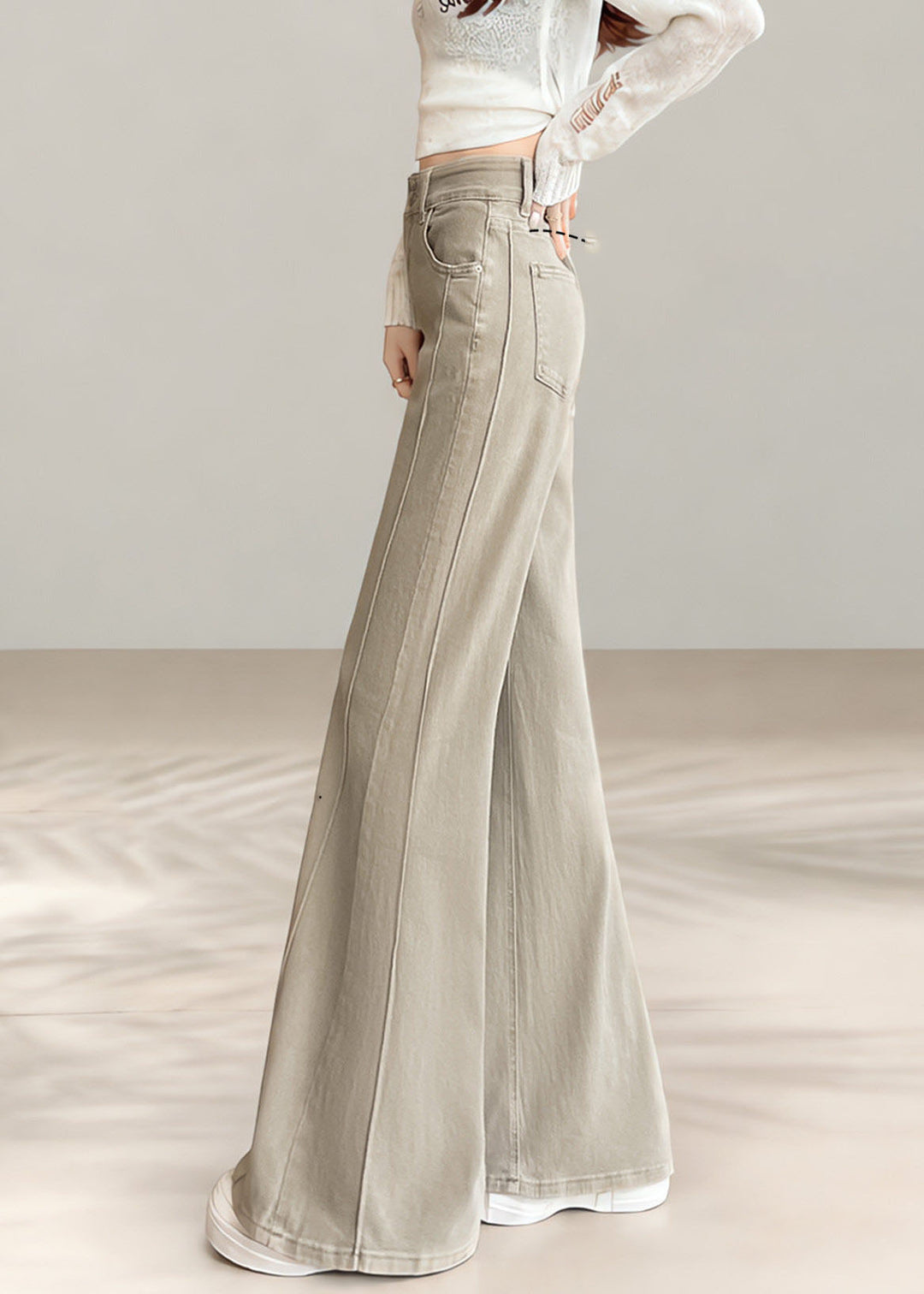 Vintage Beige High Waist Denim Flared Trousers Fall