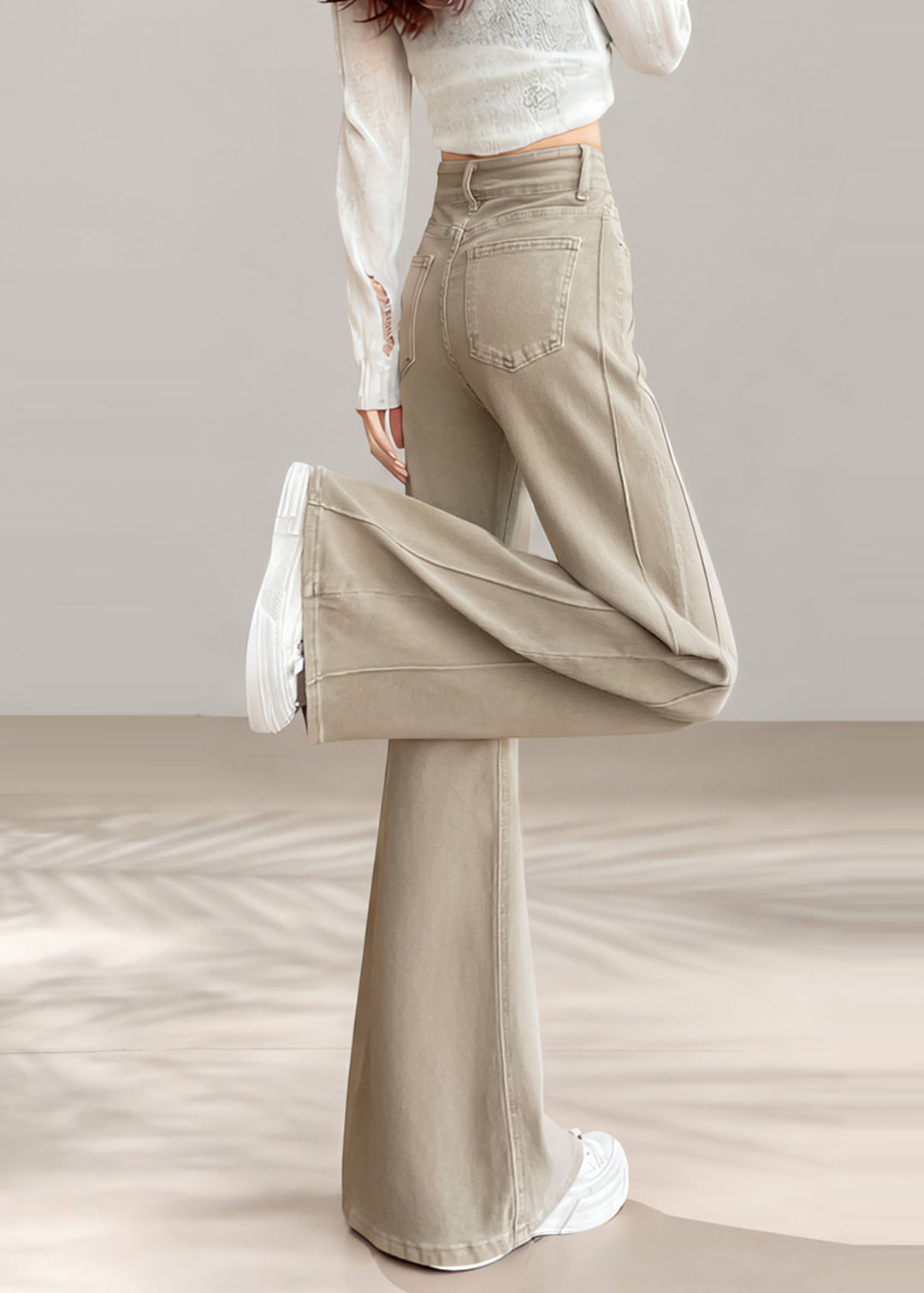 Vintage Beige High Waist Denim Flared Trousers Fall