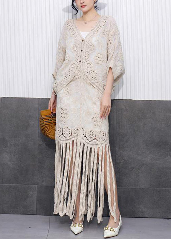 Vintage Beige Hollow Out Tassel Knit Cardigans And Maxi Skirts Two Pieces Set Fall
