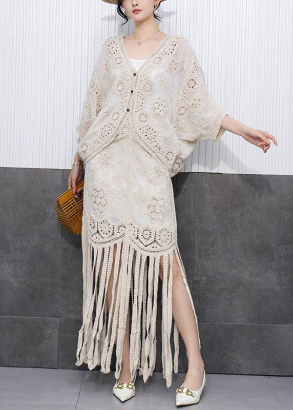 Vintage Beige Hollow Out Tassel Knit Cardigans And Maxi Skirts Two Pieces Set Fall