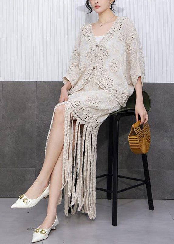 Vintage Beige Hollow Out Tassel Knit Cardigans And Maxi Skirts Two Pieces Set Fall