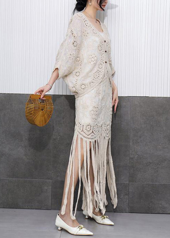 Vintage Beige Hollow Out Tassel Knit Cardigans And Maxi Skirts Two Pieces Set Fall