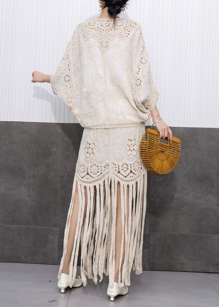 Vintage Beige Hollow Out Tassel Knit Cardigans And Maxi Skirts Two Pieces Set Fall