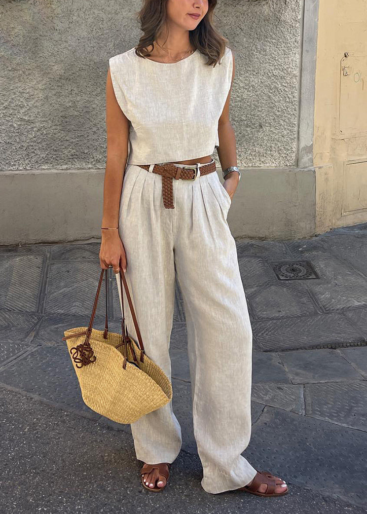 Vintage Beige Linen Vests And Wide Leg Pants Two-Piece Set Sleeveless
