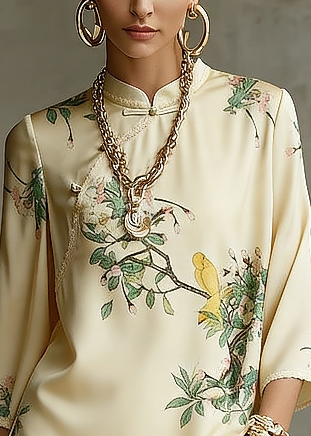 Vintage Beige Mandarin Collar Side Open Print Silk Top Long Sleeve1