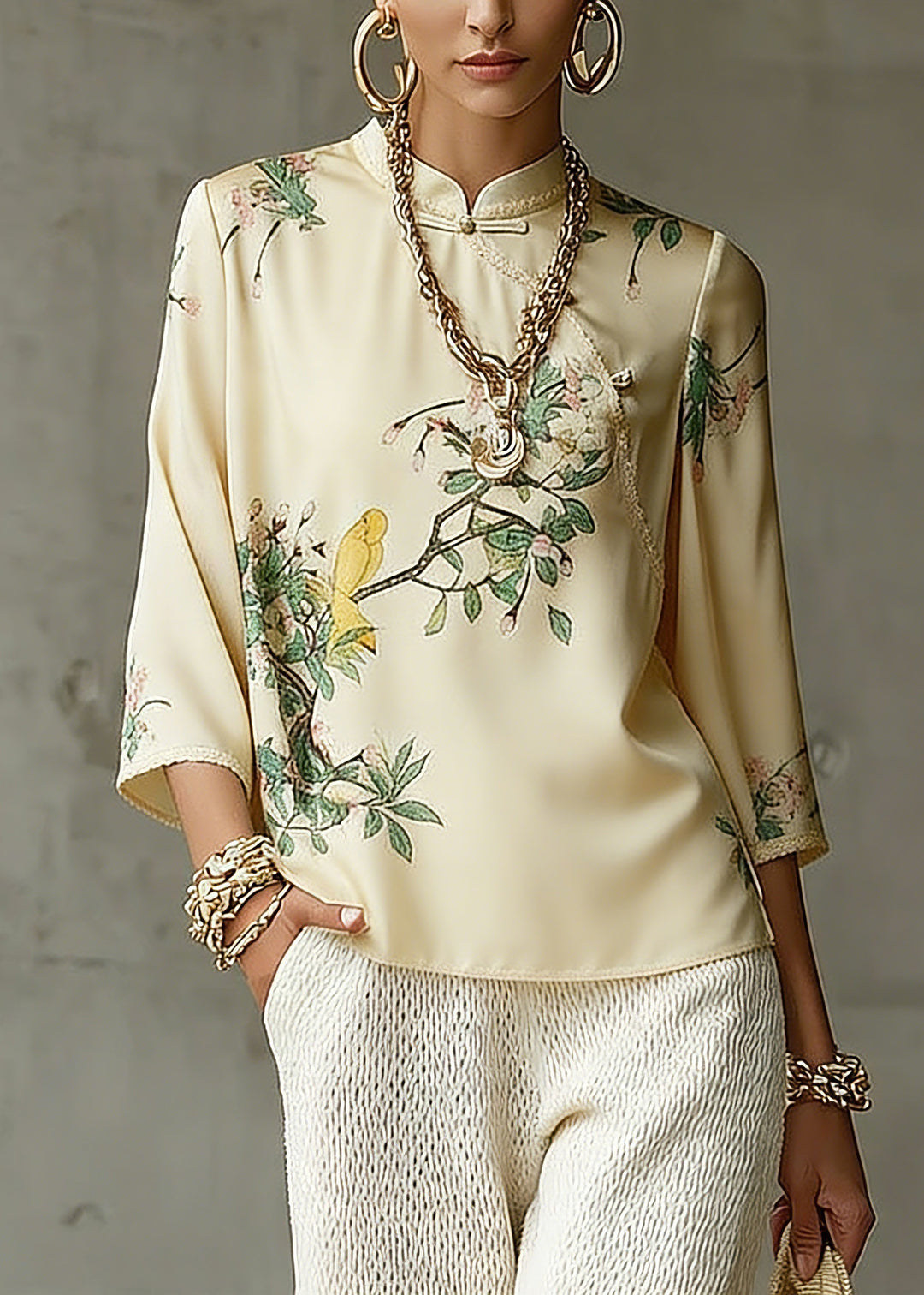 Vintage Beige Mandarin Collar Side Open Print Silk Top Long Sleeve1