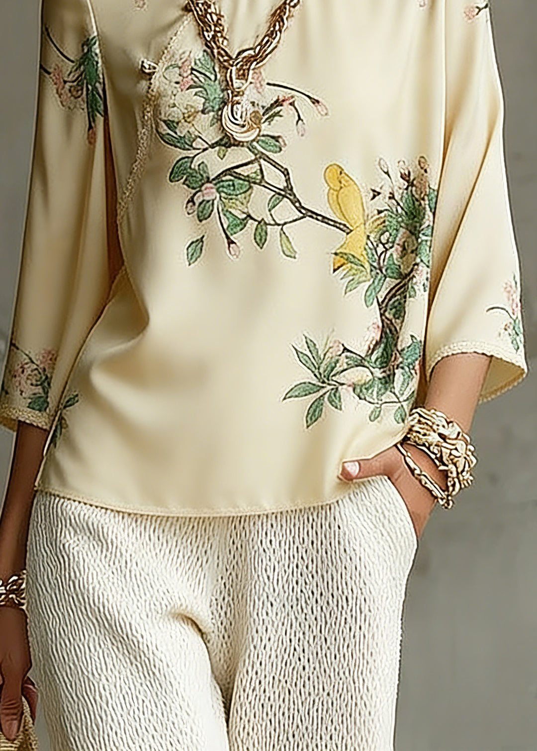 Vintage Beige Mandarin Collar Side Open Print Silk Top Long Sleeve1