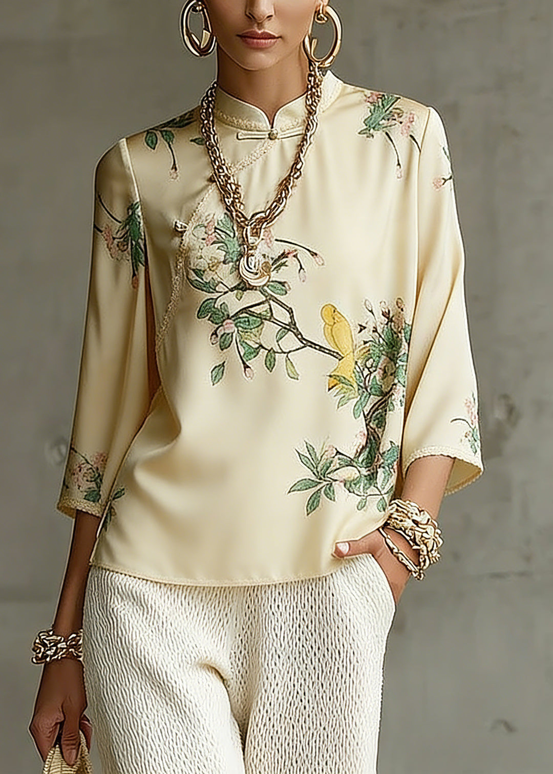 Vintage Beige Mandarin Collar Side Open Print Silk Top Long Sleeve1